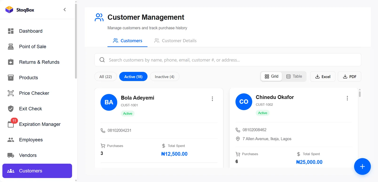 Customer Management cards showing purchases and total spent per customer