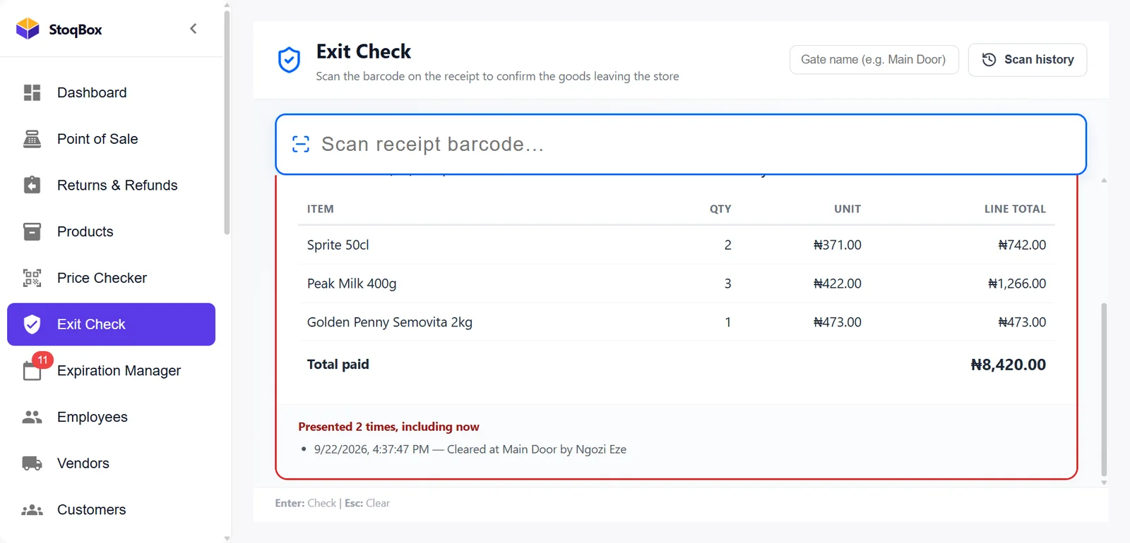 Exit Check showing a red result: presented 2 times, already cleared at Main Door