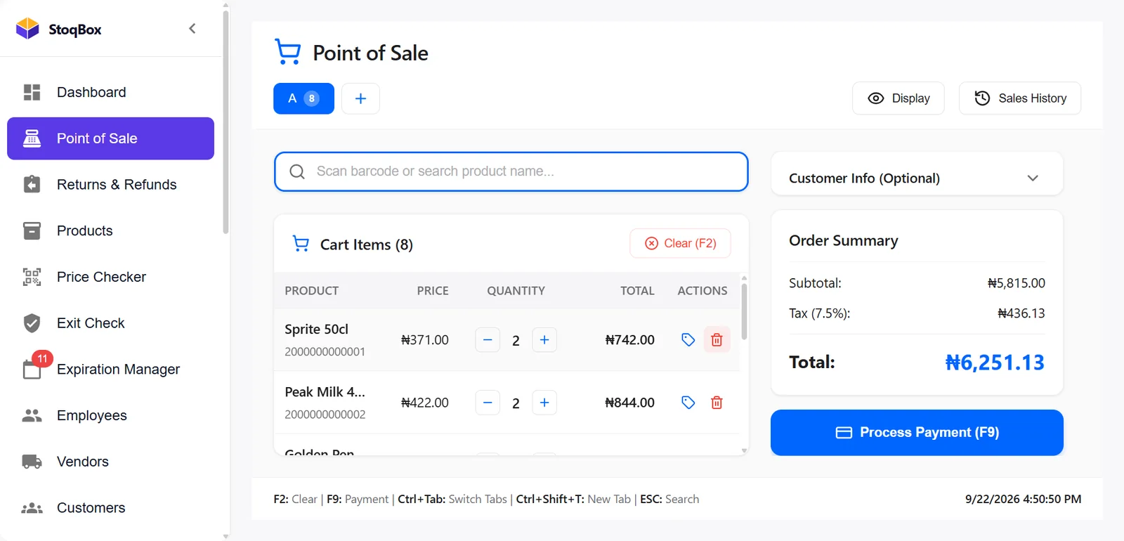 Point of Sale with eight items in the cart, order summary with 7.5% tax and a total of ₦6,251.13
